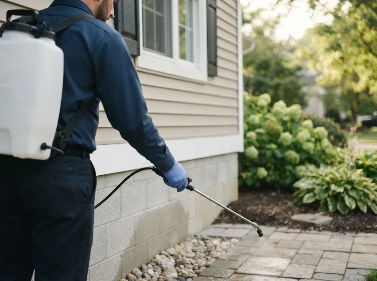 Pest control technician inspecting a home in Bear Lake, MI